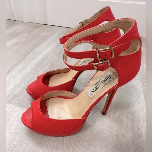 Jimmy Choo Red Leather Double Ankle Strap Open Toe Pumps 36/5.5-6 - Picture 1 of 7